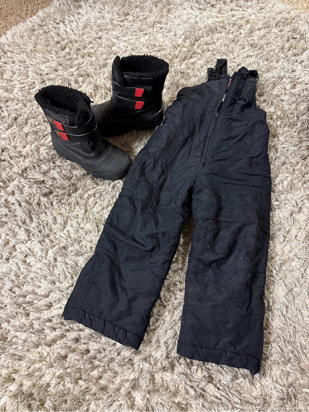 Black Kids Snow Bib Pants with Black Winter Boots